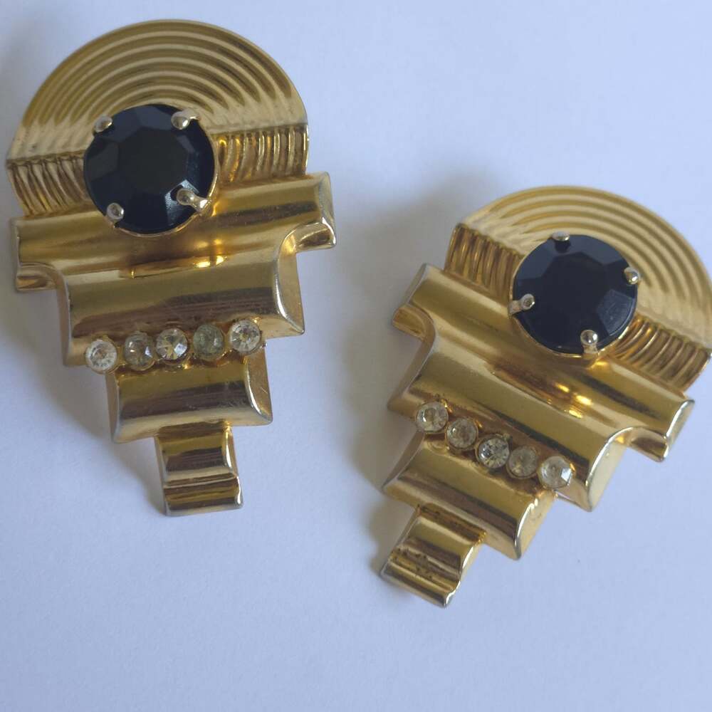Vintage 1980s Artβ Deco Revival Clip On Earrings Gold Tone Black Rhinestone - Picture 7 of 8